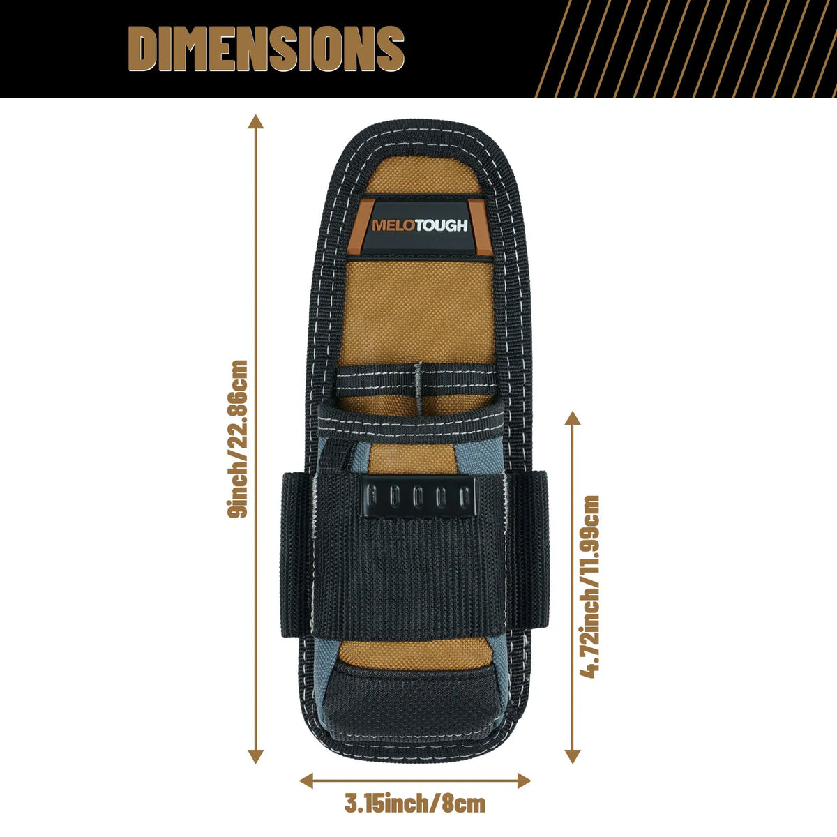 Dimensions diagram showing the size of a Melotough compact clip-on tool pouch with belt holster.