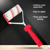 A red paint edger roller with a white and pink textured roller cover is shown against a dark background.