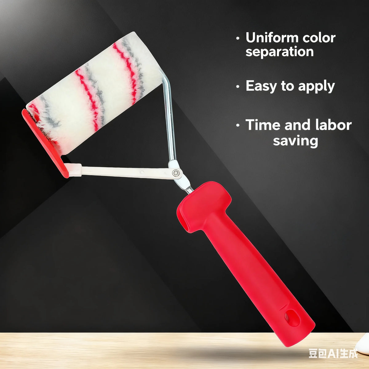 A red paint edger roller with a white and pink textured roller cover is shown against a dark background.