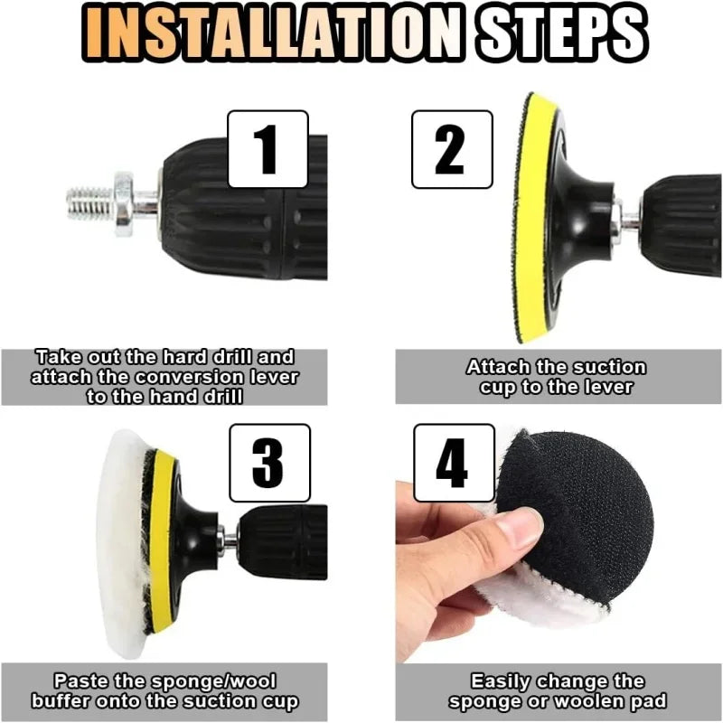 Installation steps showing how to attach a suction cup to a lever and mount a sponge/wool buffer onto the suction cup.
