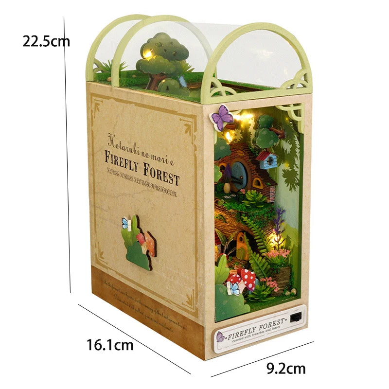 A wooden DIY book nook kit featuring a miniature firefly forest scene inside a glass display box.