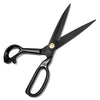 A pair of black heavy duty tailor scissors with silver blades shown against a white background.