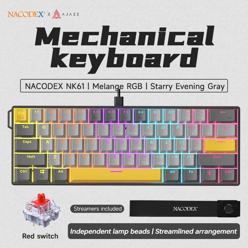 Schwarze mechanische Tastatur mit Melange RGB und Starry Evening Gray-Theme und roten Schaltern.