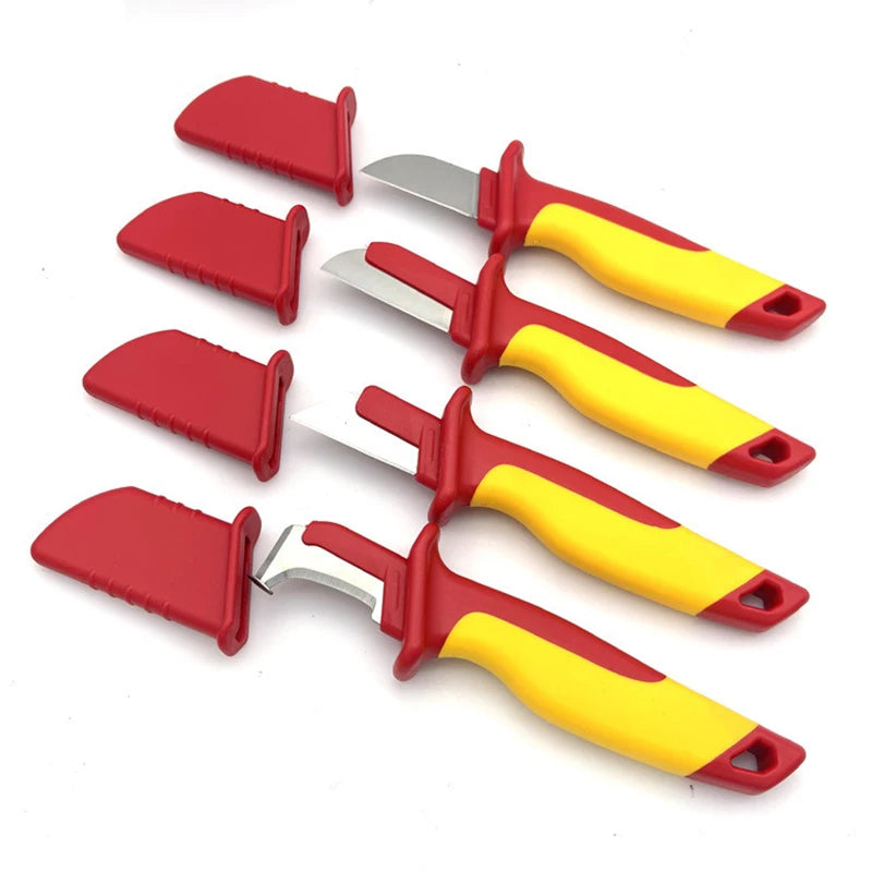 A set of red and yellow insulated cable stripping knives for electricians.