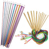 A set of 23 Tunisian crochet hooks with bamboo cables and colored string for crafting.