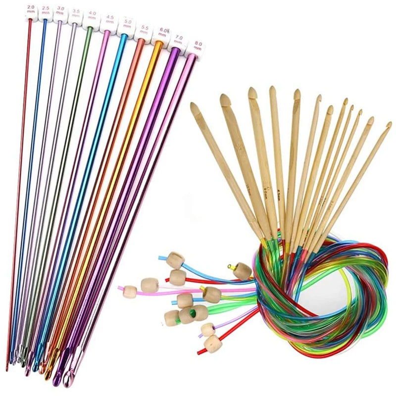 A set of 23 Tunisian crochet hooks with bamboo cables and colored string for crafting.