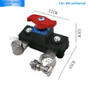 A bright silver 12v-24v universal car battery cut off switch with a red handle and mounting hardware.