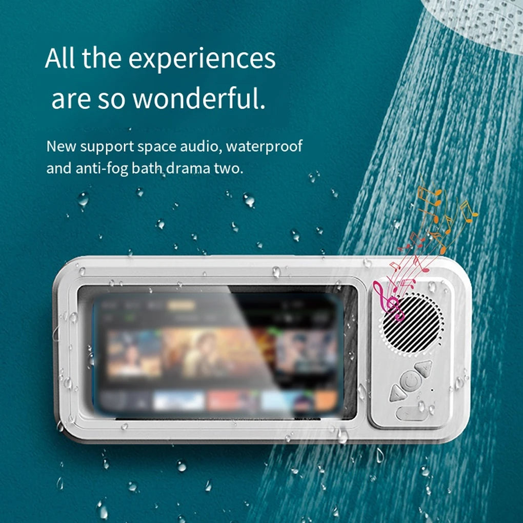 A white waterproof shower phone holder with a built-in speaker is shown against a blue water background.