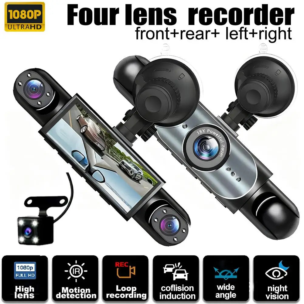 Four lens recorder dash cam system showing front, rear, left, and right views.