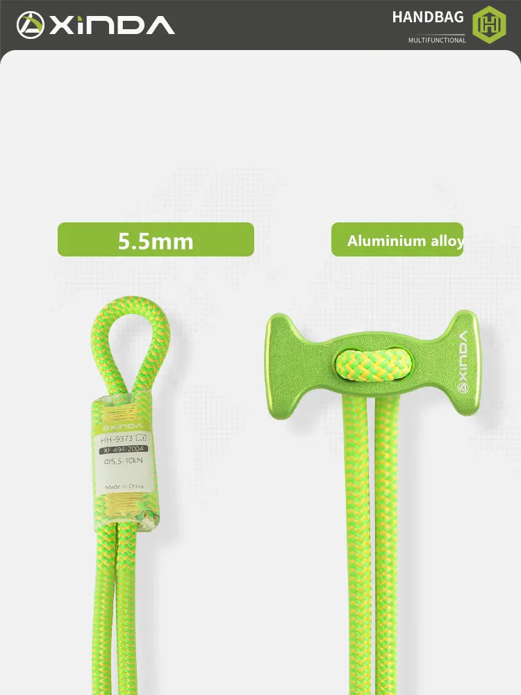 A bright lime green auxiliary rope with a handle made of aluminum alloy for climbing and descent safety.