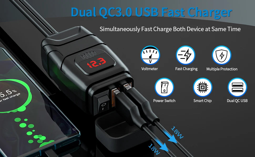 Dual USB Car Charger with LED Voltmeter – Fast Charging 12V/24V