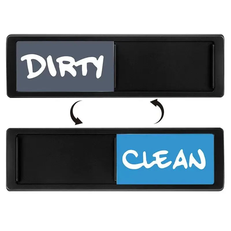 A black magnetic sign with 'DIRTY' on the left and 'CLEAN' on the right, used for dishwasher or refrigerator.