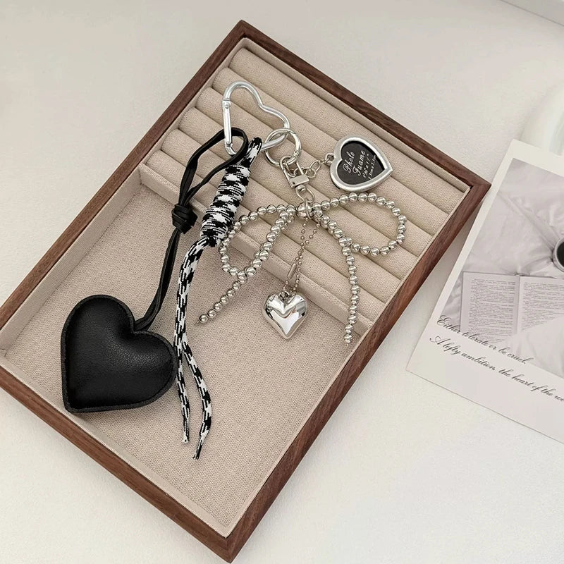 Cute Bow Bag Charm Keychain with Heart Pendant