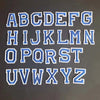 A set of embroidered alphabet letters A through Z in blue and white for iron-on patches.