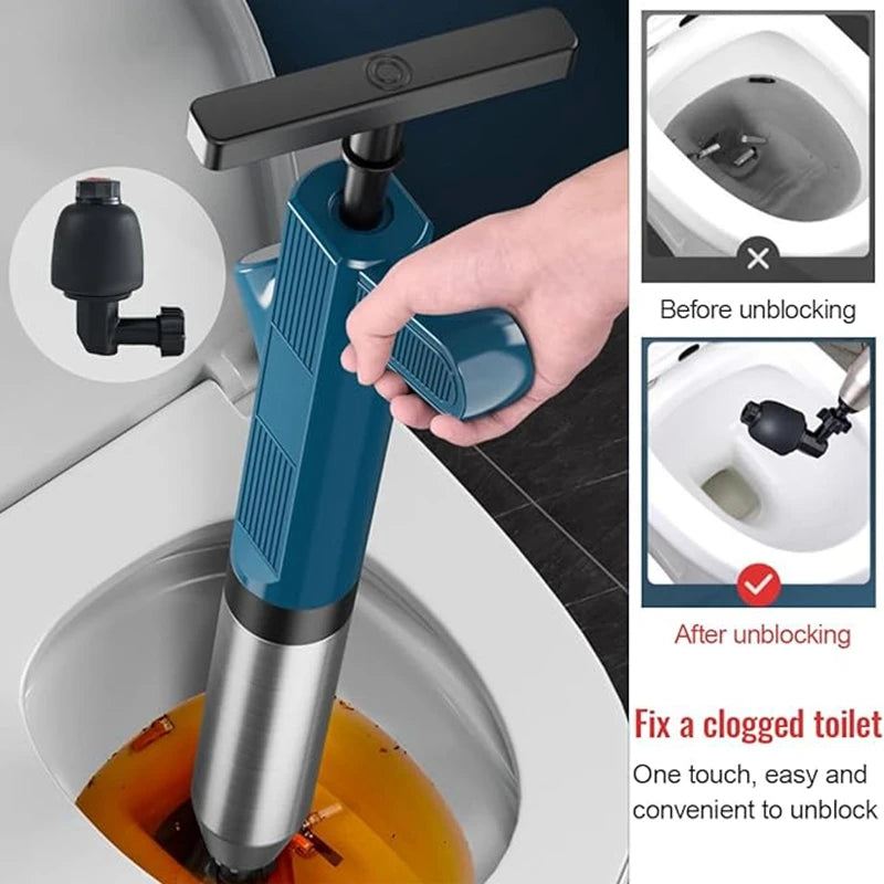 A hand is using a blue and silver high-pressure pneumatic drain unblocker tool to clear a clogged toilet.