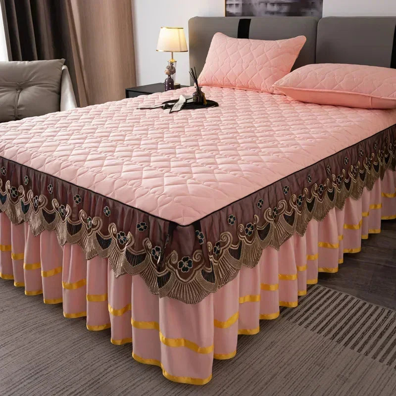 Gold Embroidered Lace Bed Skirt with Heart Pattern