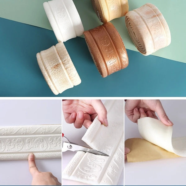 Rolls of 3D self-adhesive wall corner and edge trim in white and gold colors shown with a pair of scissors