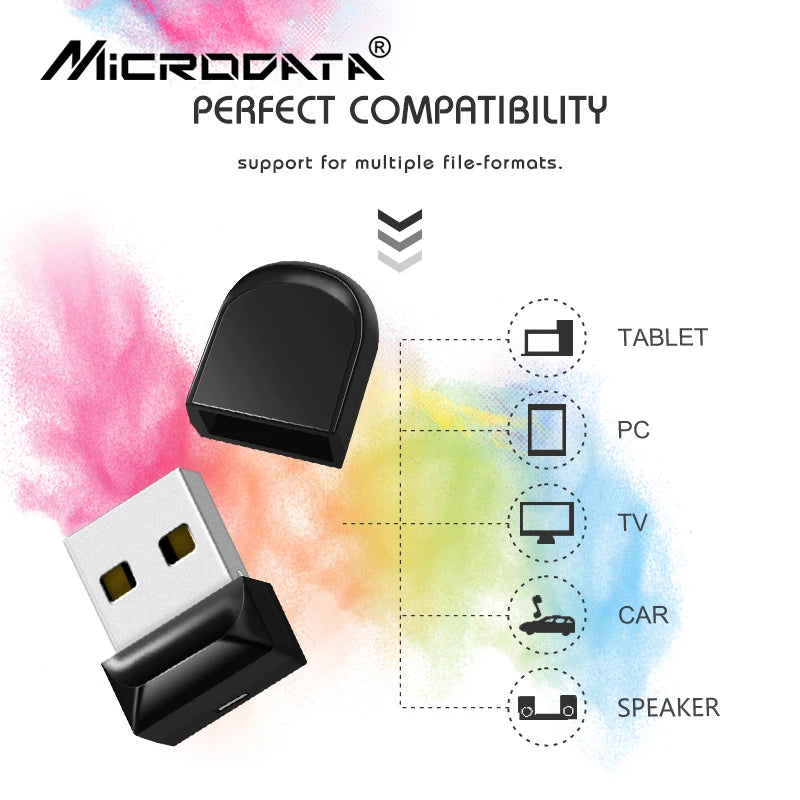 A compact black USB flash drive is shown with compatibility icons for various devices like tablet, PC, TV, car, and speaker.