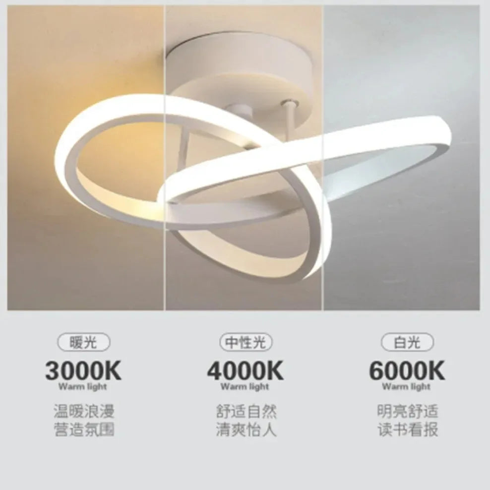 Modern clover LED ceiling light fixture showing warm, neutral, and cool white light options.