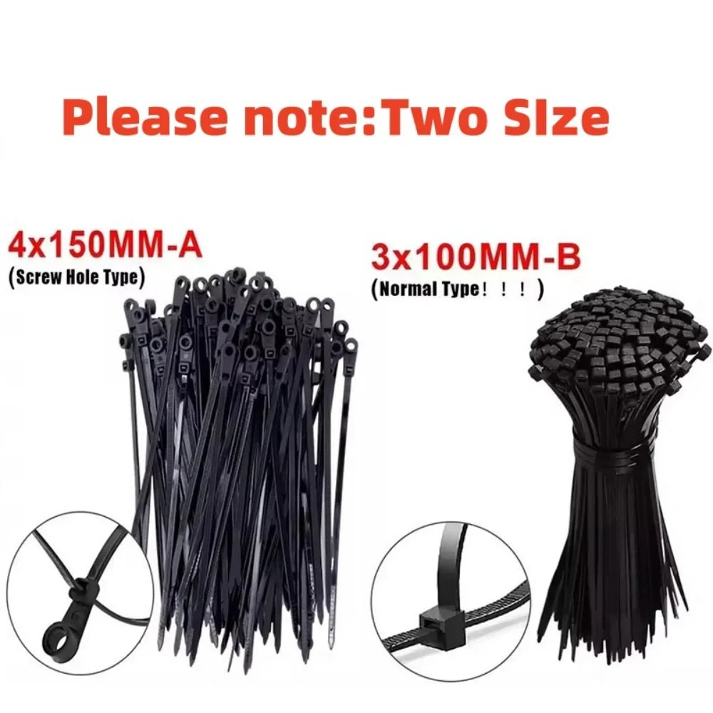 Black reusable screw-hole cable ties available in two sizes: 4x150mm-A and 3x100mm-B.