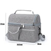 A gray insulated lunch bag with a zippered compartment and a strap is shown, measuring 22cm high and 16cm wide.