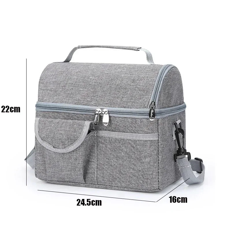 A gray insulated lunch bag with a zippered compartment and a strap is shown, measuring 22cm high and 16cm wide.