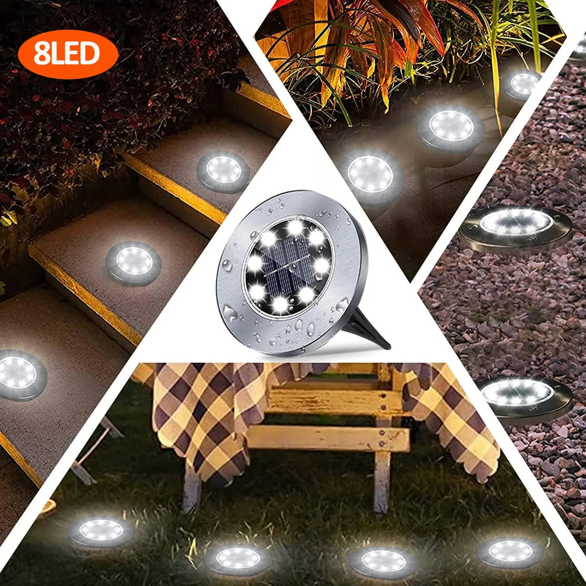 Eight LED solar pathway lights mounted on a stainless steel fixture illuminating a garden path.