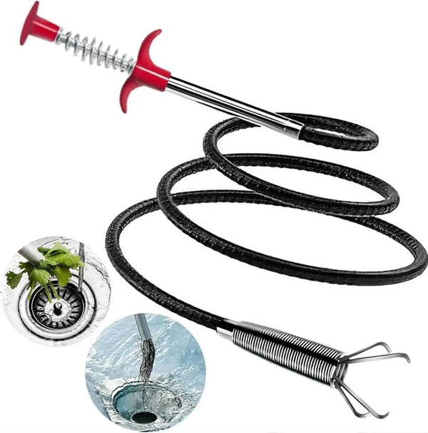 Flexibles Abflussreinigungswerkzeug mit rotem Griff und schwarzem Draht, gezeigt in Wasser.