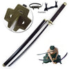 A 41-inch katana cosplay sword with a dark handle and scabbard, featuring a detailed Roronoa Zoro design.
