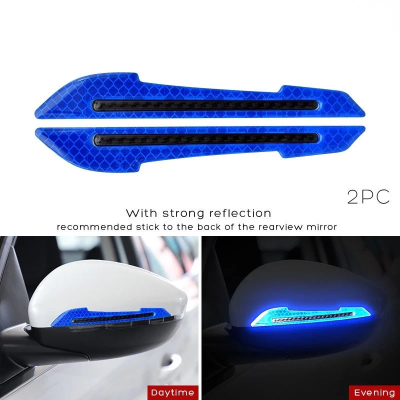 Two blue reflective safety strips for the back of a rearview mirror, shown in daytime and evening light.