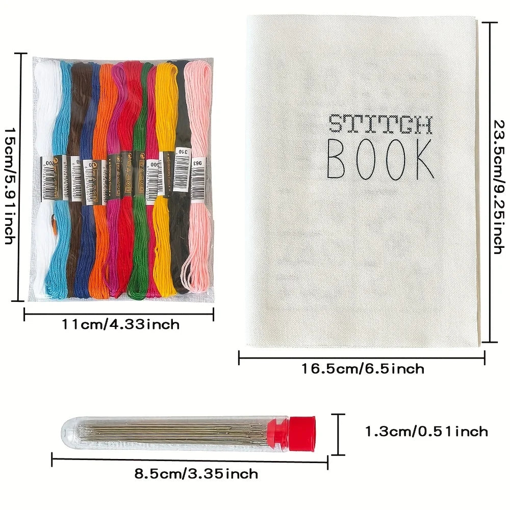 A compact sewing kit featuring embroidery thread and a stitch book, along with a needle.