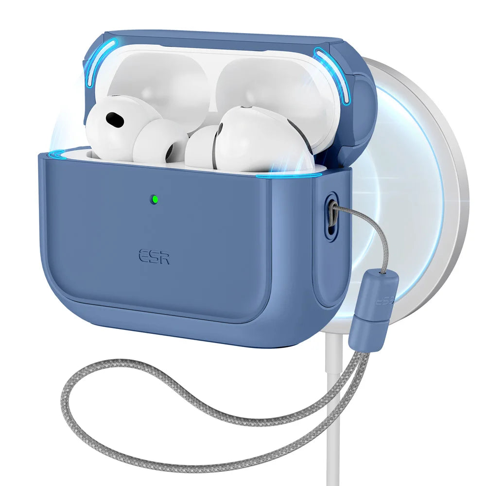 A blue charging case for AirPods Pro 3 with a magnetic lock and a coiled cable.