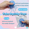 A hand holds a blue squishy toy shaped like an octopus, demonstrating its soft texture and play styles.