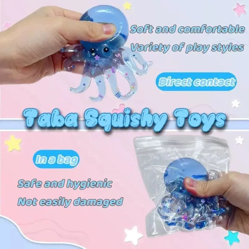 A hand holds a blue squishy toy shaped like an octopus, demonstrating its soft texture and play styles.