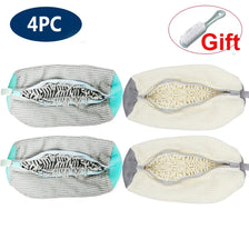 Four reusable mesh shoe laundry bags in gray and off-white colors for washing machines
