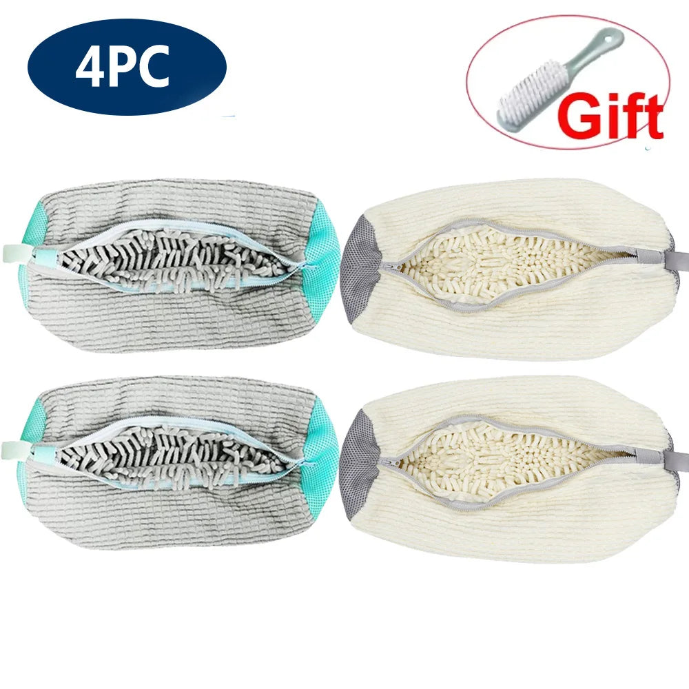 Four reusable mesh shoe laundry bags in gray and off-white colors for washing machines