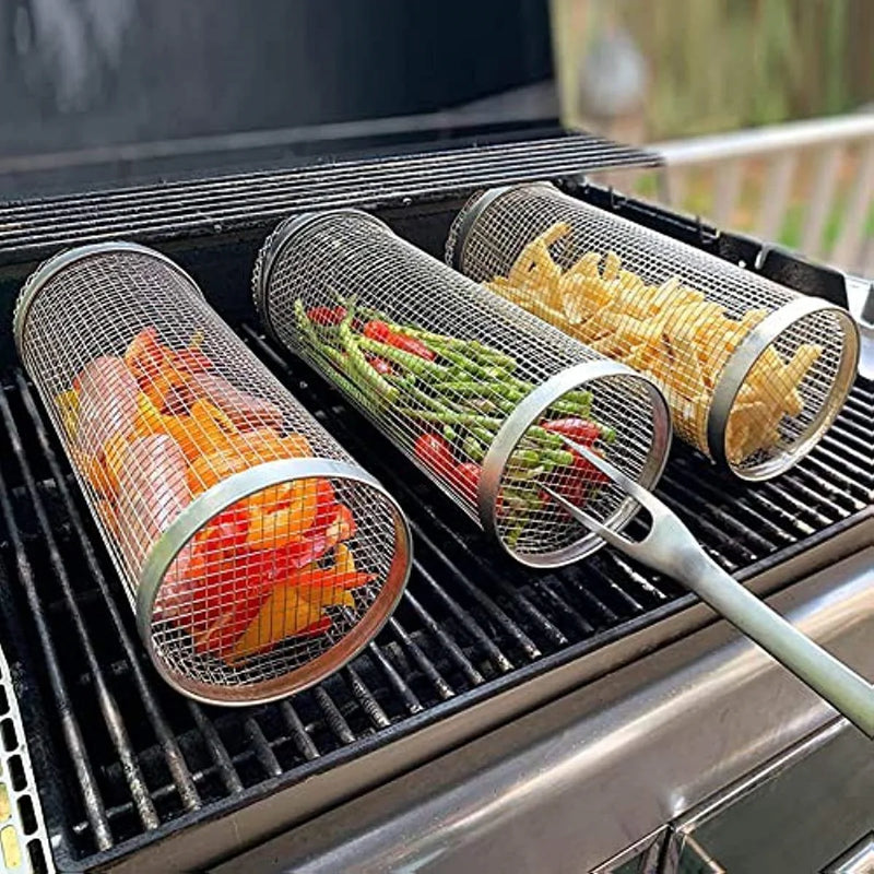 Stainless Steel Rolling Grill Basket for Outdoor BBQ