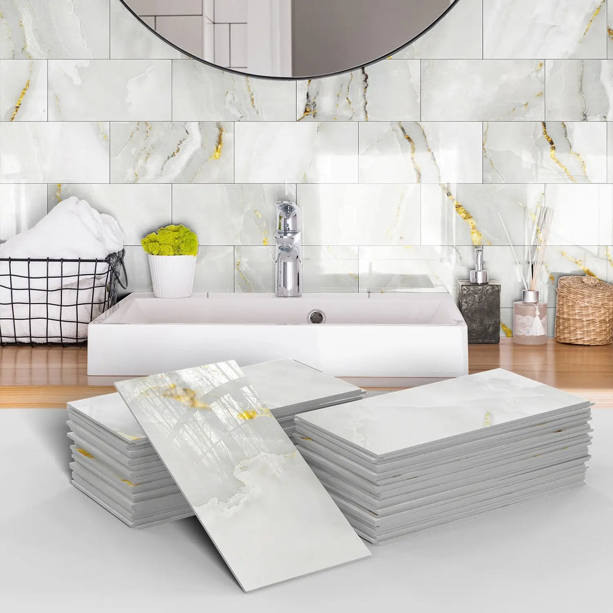 Stacks of white marble self-adhesive wall stickers used as 3D tile decals in a bathroom setting.