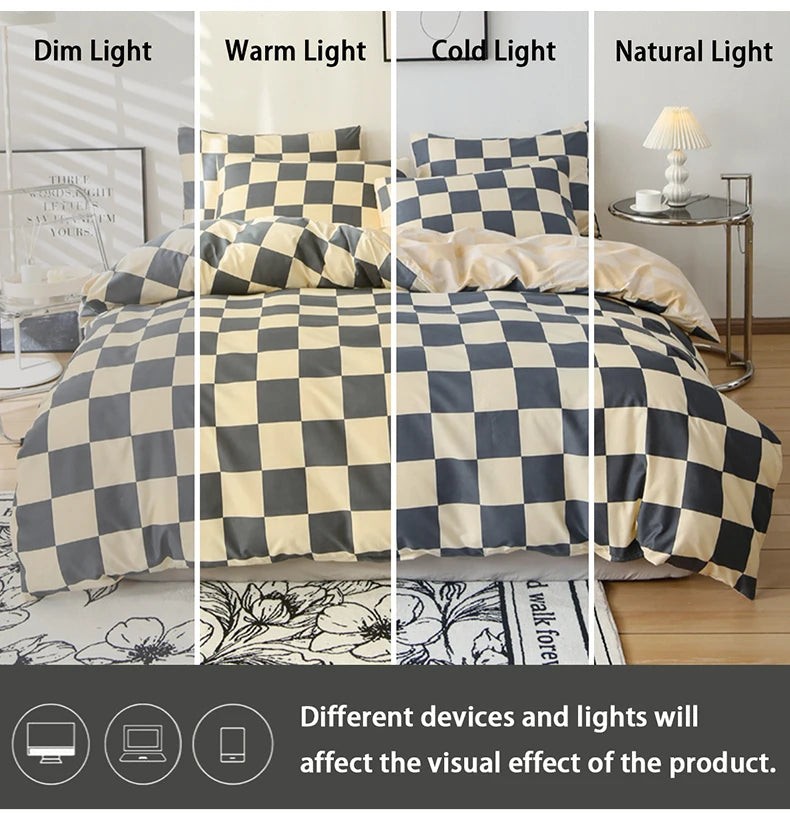 A checkered print bedding set featuring a duvet cover and pillowcases displayed with various light colors.