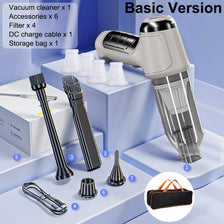 Basic version of a cordless handheld vacuum cleaner with accessories and storage bag displayed on a white surface.