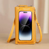 A yellow leather fashion phone pouch with a clear window displaying a smartphone.