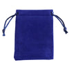 A deep blue velvet drawstring jewelry pouch with frayed edges and tied fabric loops.