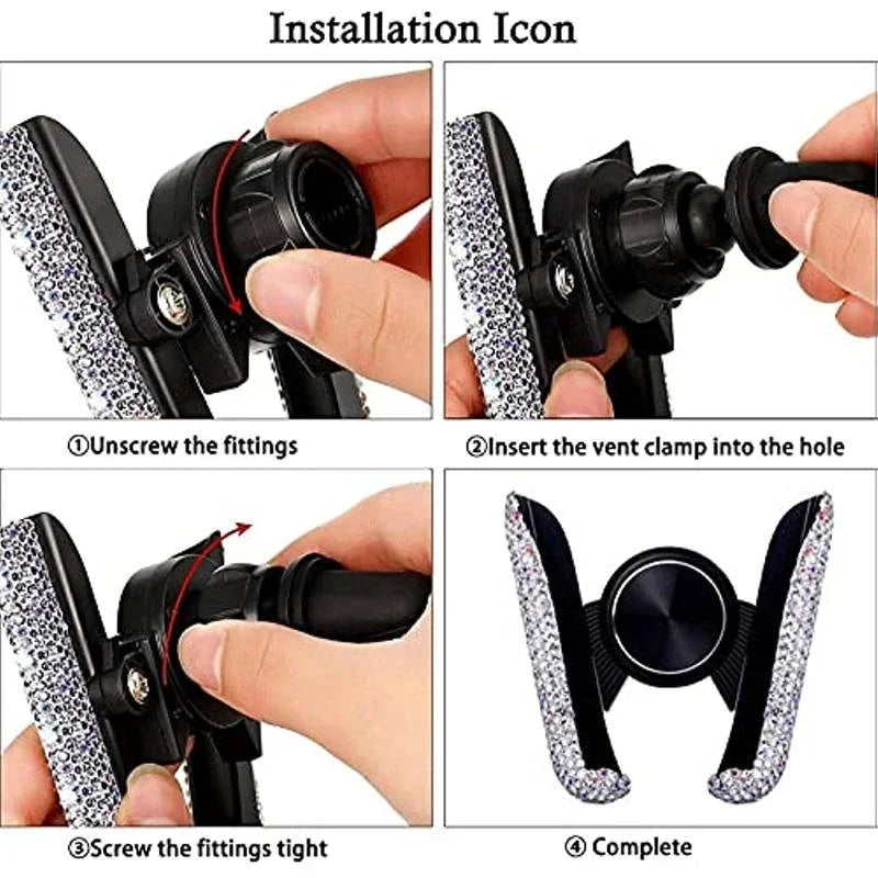 Installation steps for a crystal air vent car phone holder showing unscrewing, inserting the vent clamp, screwing tight, and 
