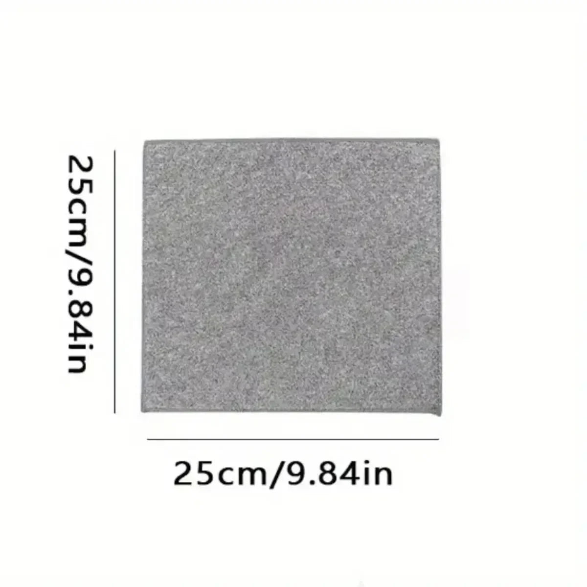 A square gray microfiber cleaning cloth measuring 25cm by 9.84in.
