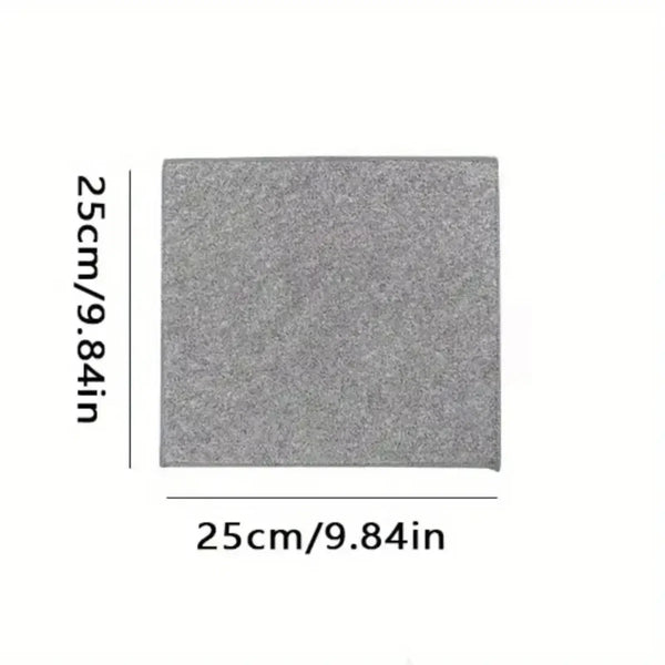 A square gray microfiber cleaning cloth measuring 25cm by 9.84in.