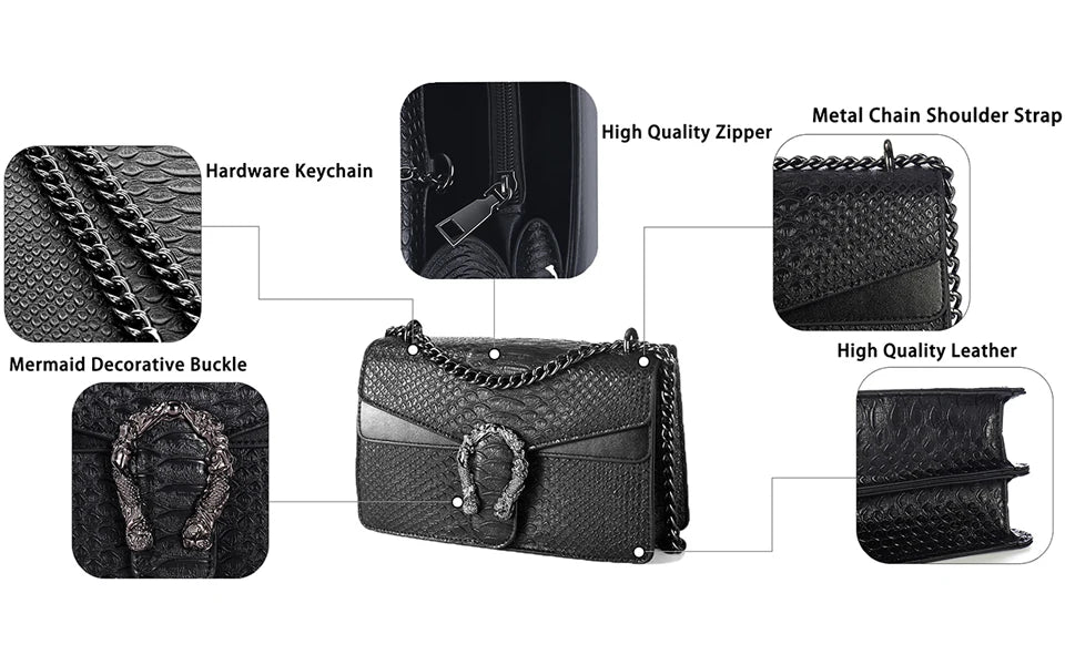 Women's Snake Print PU Leather Crossbody Bag with Chain Strap