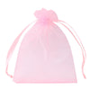 A pink organza drawstring gift bag with pink ties, used for storing small items.