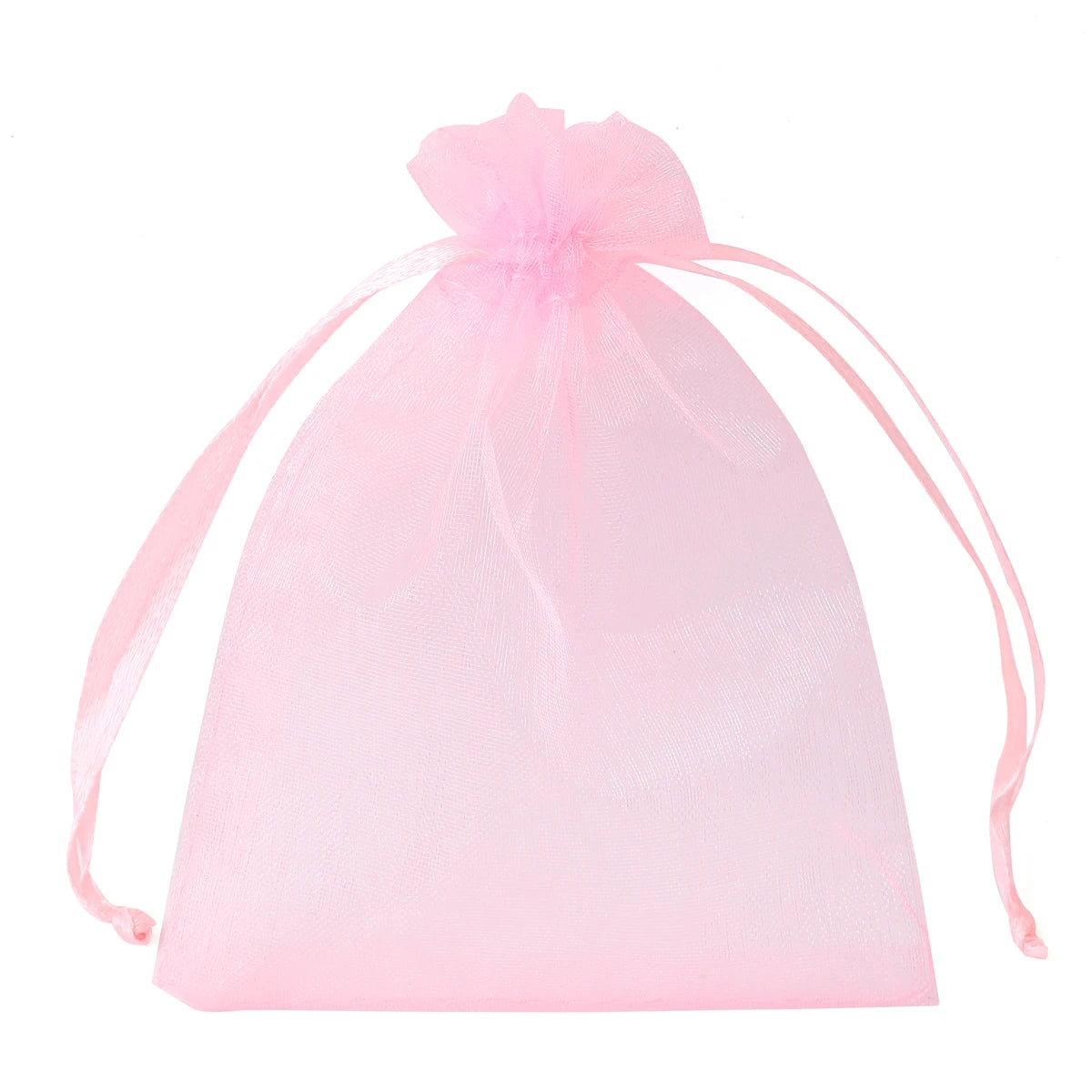 A pink organza drawstring gift bag with pink ties, used for storing small items.