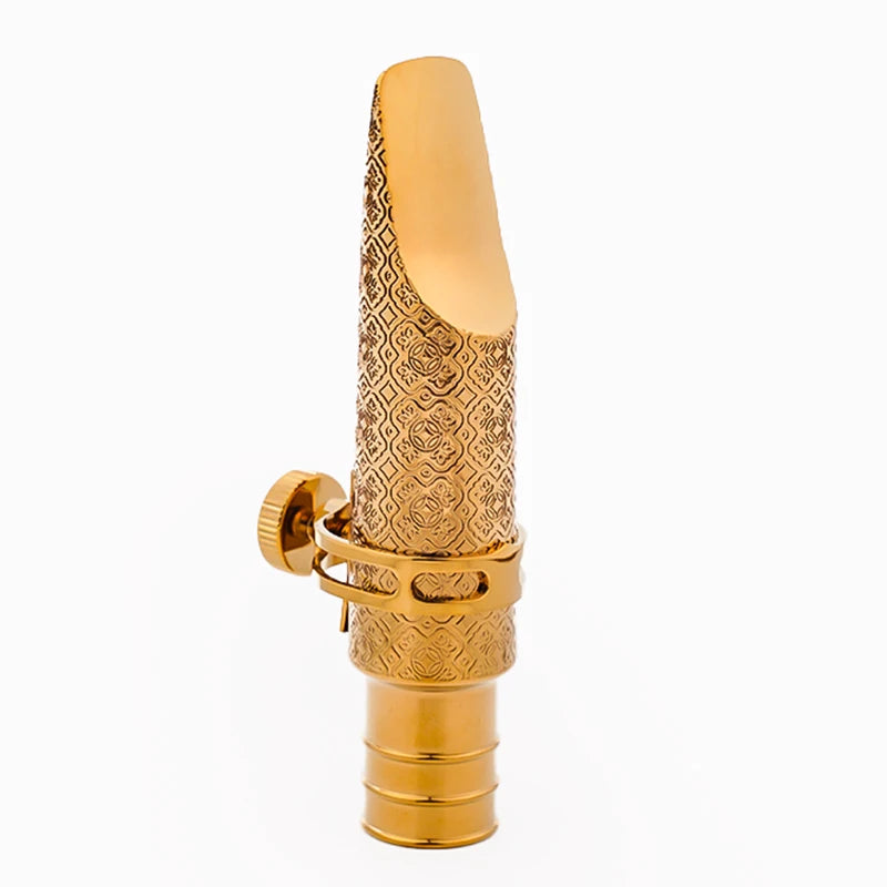 Gold-plated brass tenor saxophone mouthpiece with intricate engraving