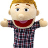 A soft hand puppet with a blonde head and a plaid shirt, featuring a movable mouth for children.